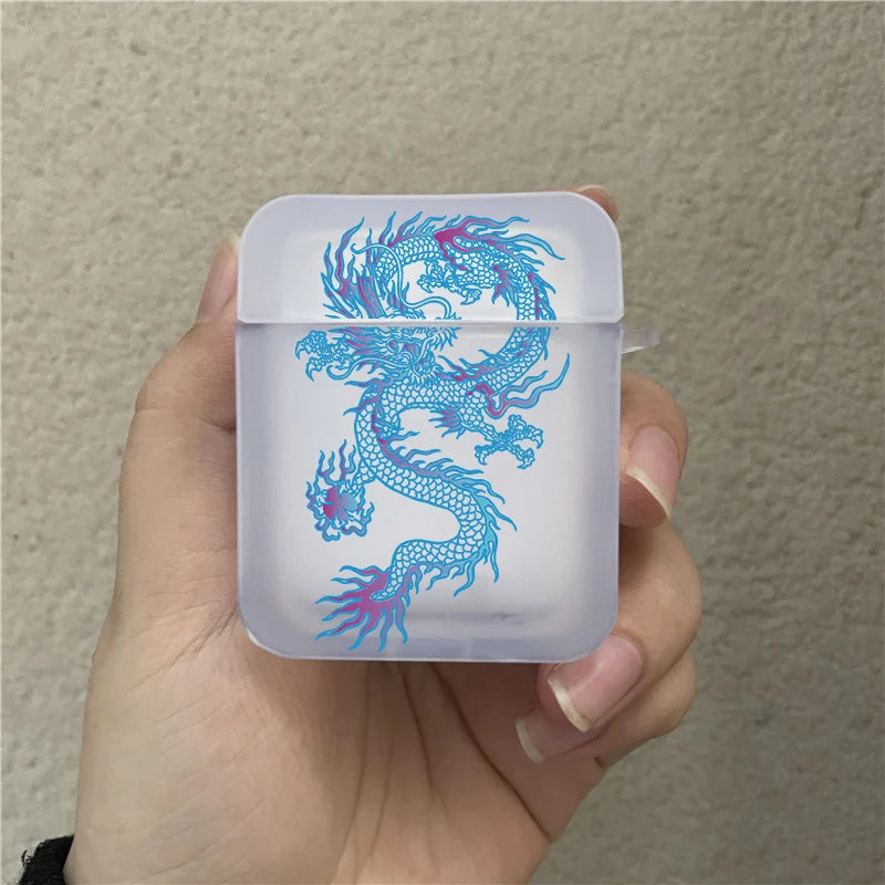 Coque Airpods Dragon Chinois Transparent Bleu