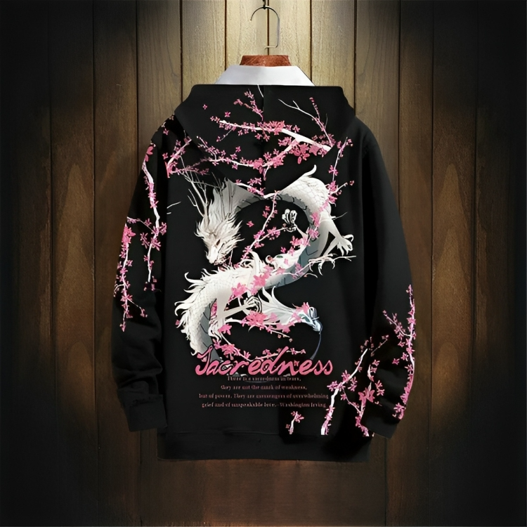 Sweat à Capuche Dragon Sakura Noir Dos