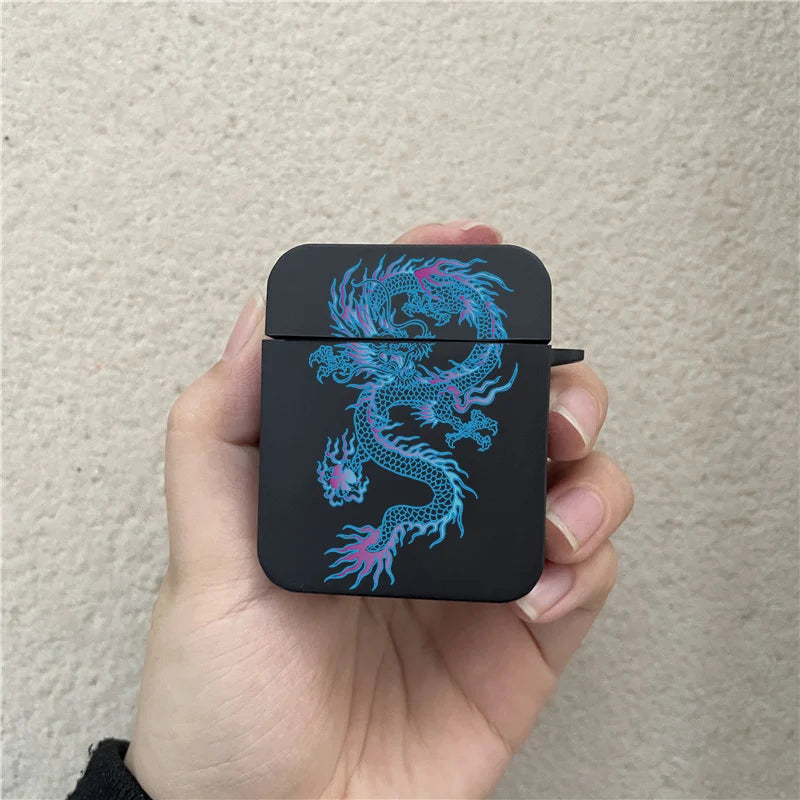 Coque Airpods Dragon Chinois Noir et Bleu