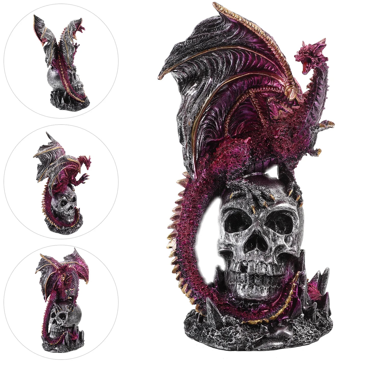 Statue Dragon Crâne Rose-Argent